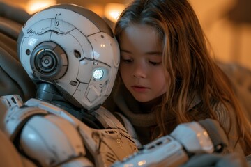 Engaging learning experience child interacts with friendly ai robot tutor at home embracing the future of ai lifestyle and smart technology