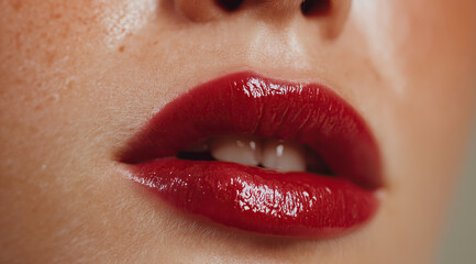 Fototapeta premium Glossy crimson lipstick adorns naturally freckled skin in intimate beauty portrait.