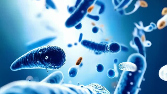Abstract illustration of numerous rod-shaped bacterial cells with flagella in a blue liquid medium, microscopic view