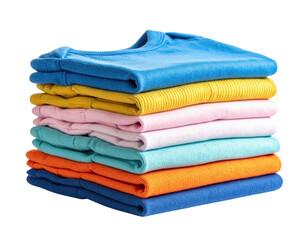 Neatly folded stack of colorful t-shirts arranged in a pile.