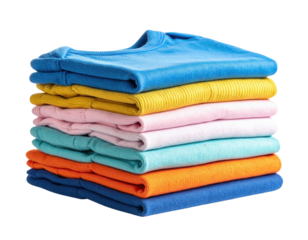 Neatly folded stack of colorful t-shirts arranged in a pile.