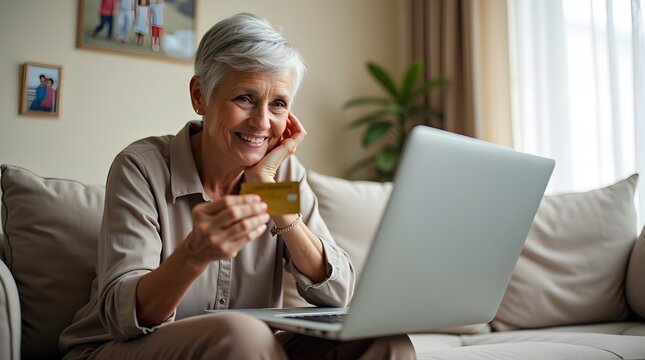 Smiling senior woman with gray hair using a laptop while holding a credit card at home. - Powered by Adobe