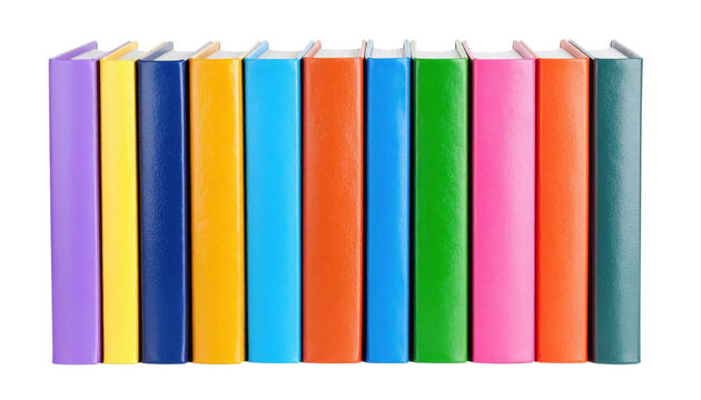 A row of colorful hardcover books standing upright in a neat line.