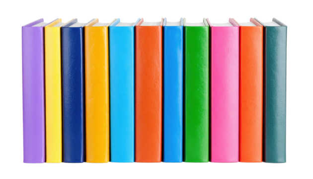 A row of colorful hardcover books standing upright in a neat line.