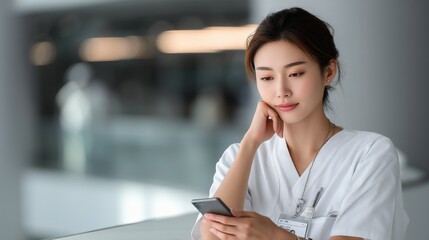 Young asian medical professional reviewing smartphone message near hospital hallway wall, hand resting against cheek