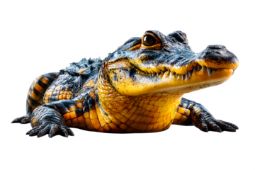 Side profile of crocodile lying on ground, full body head to tail, realistic scales, isolated on transparent background --ar 3:2 --v 7.0 --p 537mr6h --s 250