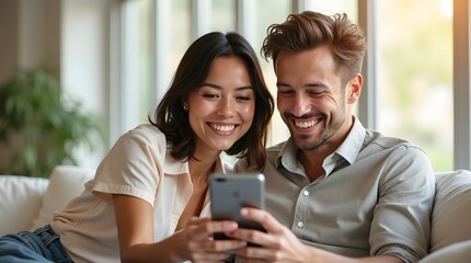 A young Hispanic couple enjoys a light moment together, laughing while looking at a smartphone in a cozy living room.