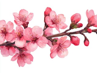 A branch of pink cherry blossoms in a watercolor style.