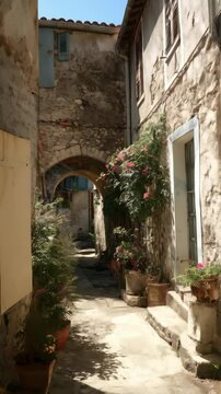Quaint European alleyway with stone walls, archway, potted flowers, and sunlight casting shadows on the cobblestone street.