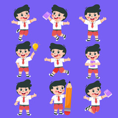 indonesia Schoolboy in Uniform Poses with Books and Pencil