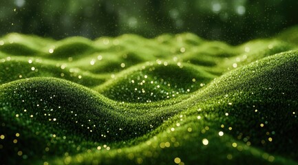 Lush green moss landscape, sparkling with golden light