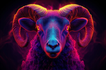 Vivid Neon Portrait of a Ram With Abstract Background Colors