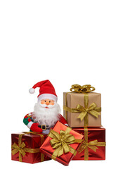 Isolated Transparent Santa Claus with Presents Stacked Christmas Gifts