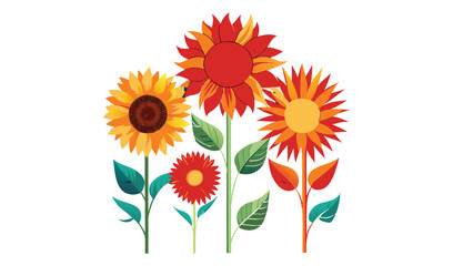 Photo of vibrant sunflowers and gerbera daisies, isolated on white background