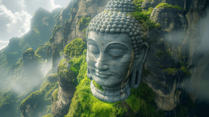 Majestic Buddha Statue Amid Verdant Mountains and Mystical Fog