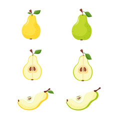 assorted green and yellow pears, whole pears, halves of pears and combinations thereof