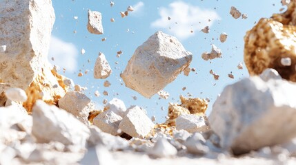 Flying Rocks and Debris Against a Bright Blue Sky Background