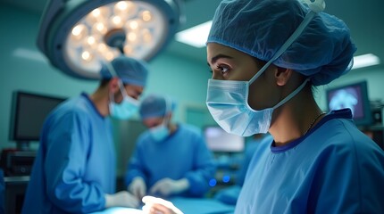 Focused female surgeon observing a procedure in an operating room, highlighting teamwork and dedication in healthcare.