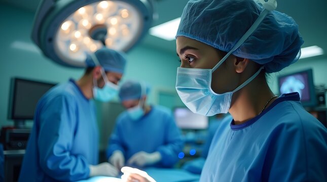 Focused female surgeon observing a procedure in an operating room, highlighting teamwork and dedication in healthcare.