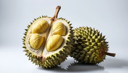 Obraz premium Fresh Durian Fruit Halved Showing Creamy Yellow Flesh Close Up Studio Shot