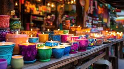 Colorful Candles Glowing at Market Stall with Decorative Pots