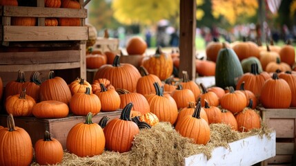 Vibrant Autumn Pumpkin Display at Local Farm Stand in Fall Season