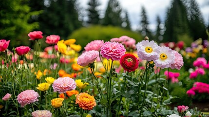 Colorful Garden Landscape with Vibrant Flowers in Blooming Spring