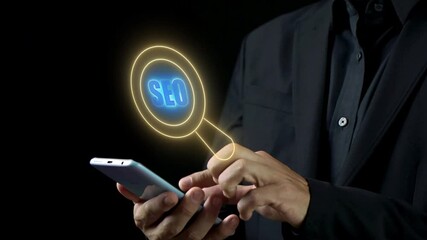 Data Analytics concept, infographic dashboard showing KPIs, performance metrics, and business insights from large data sets. Businessman shows animated SEO icon on virtual screen. - Powered by Adobe