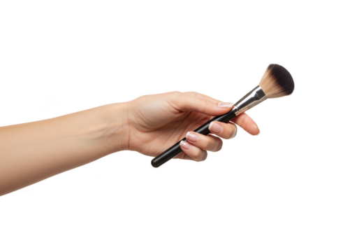 Isolated Woman Hand Holding Black Cosmetic Brush on Transparent Background