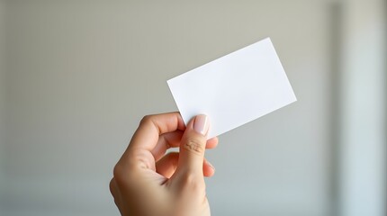 A close-up of a person's hand holding a blank card against a soft, neutral background.