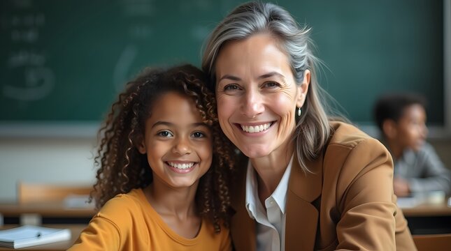 Smiling Caucasian teacher with curly-haired Black girl in a cheerful classroom setting.