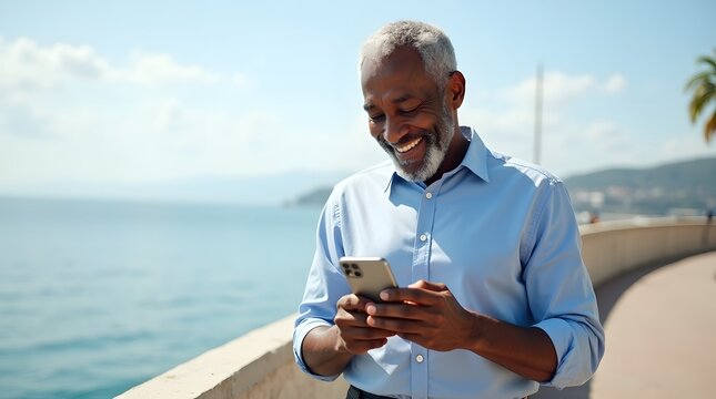 Smiling Black man in a blue shirt using smartphone by the seaside, enjoying a sunny day.