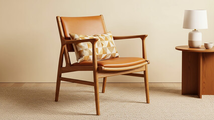 Obraz premium Modern Mid-Century Leather Wooden Armchair With Geometric Pillow
