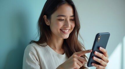 Fototapeta premium Cheerful young woman engaging with her smartphone, highlighting a moment of connection and enjoyment.