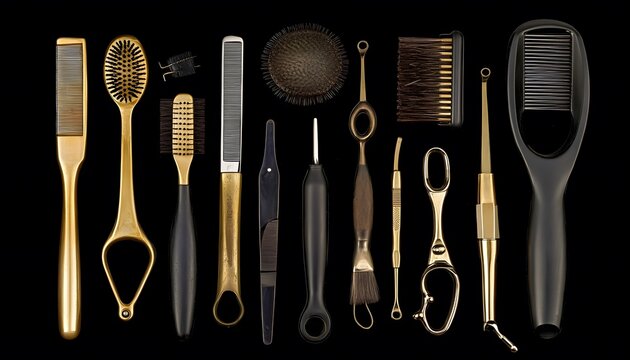 Assorted gold and black hairdressing tools arranged on a dark background.