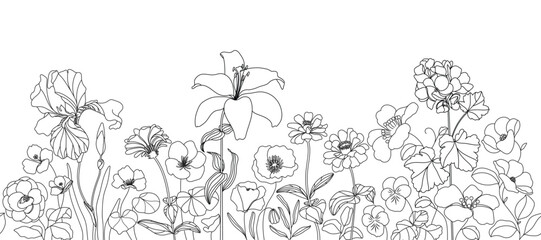 Fototapeta premium seamless minimal Hand drawn botanical flowers and leaf vector in Spring and summer collection