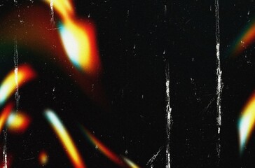 Abstract grainy rainbow crystal light leaks overlay effect with scratches and dust, film grain texture