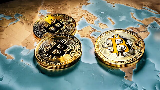 Golden bitcoins resting atop global map, representing worldwide cryptocurrency network and blockchain technology's financial impact