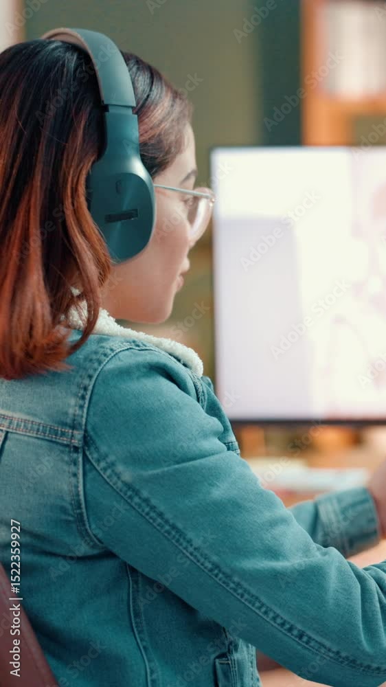 Poster Influencer, live streaming and woman with tutorial on computer for video editing software. Content creator, online audience and person talking for recording, broadcast and guide for tech podcast