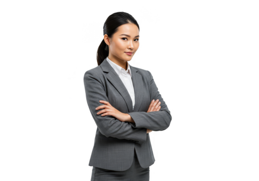 Portrait of A Confident Asian Businesswoman in Gray Suit on Transparent