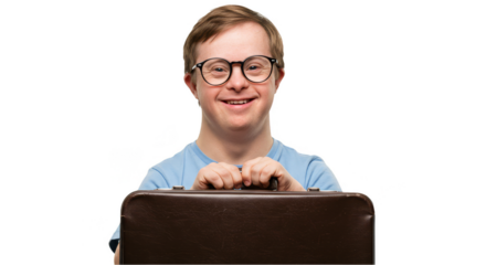 Portrait Of Cheerful Man With Down Syndrome Holding Suitcase With Glasses
