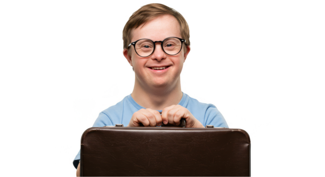 Portrait Of Cheerful Man With Down Syndrome Holding Suitcase With Glasses