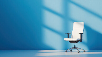 Modern ergonomic office chair is positioned against vibrant blue wall, casting soft shadows that enhance serene atmosphere