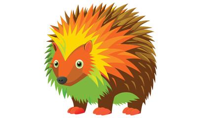 Photo of a vibrant, stylized hedgehog, boasting a fiery orange and lime green coat, stands isolated on white background