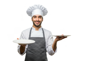 Professional Portrait Of Chef Holding Plates Isolated In Transparent Background