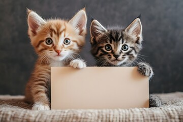 puppy and kitten together holding a blank rectangular sign in front of them, indoor cozy setting, warm lighting
