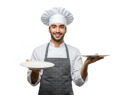 Professional Portrait Of Chef Holding Plates Isolated In Transparent Background