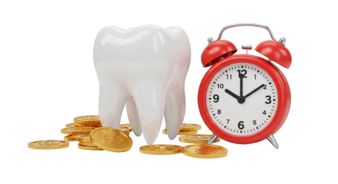 Realistic 3d Render of Tooth with Alarm Clock and Gold Coins Isolated