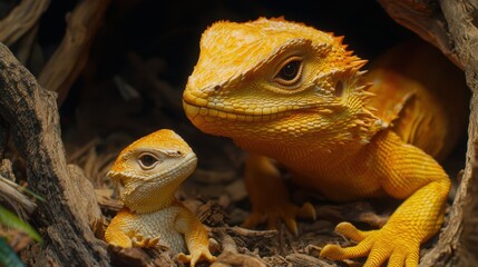 Fototapeta premium Lizard basking with hatchling