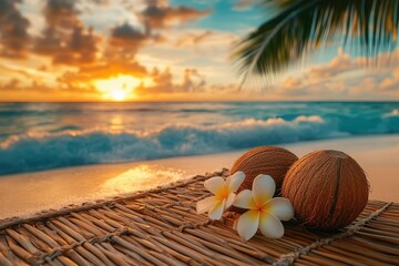 Obraz premium Two coconuts and plumeria flowers on a woven mat at sunset beach.